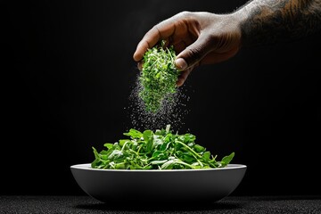 Close-up of a chefâ€™s hand sprinkling fresh herbs over a dish, with bright lighting highlighting the texture and freshness of the ingredients, symbolizing culinary finesse and flavor
