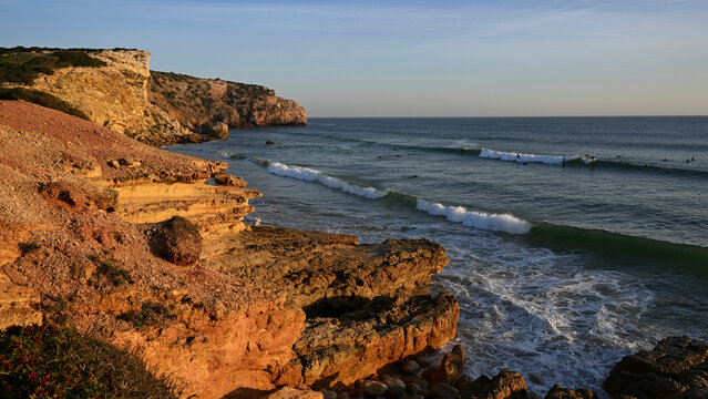 Beautiful coastline and surfing destination at Praia do Zavial in the Algarve region of Portugal
