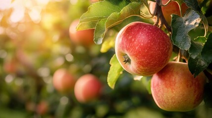 Obraz premium Ripe Red Apples Hanging from Tree Branches in Orchard