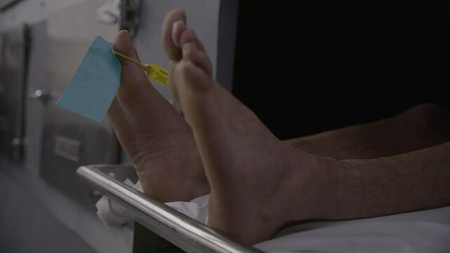 Morgue feet toe tag close up dead body