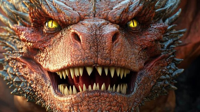 A fierce dragon with sharp teeth and glowing eyes, showcasing detailed textures and scales footage