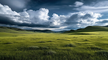 Obraz premium Expansive green grassy plain under dramatic cloudy sky with distant rolling hills and dynamic cloud formations