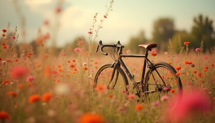 Fototapeta premium Bicycle flora style, meadow with red and pink flowers background