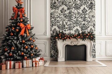  Empty Photo Backdrop with Grey Wallpaper, Christmas Tree Decorated with Red Bows and Orange Balls, Surrounded by Presents and Fireplace