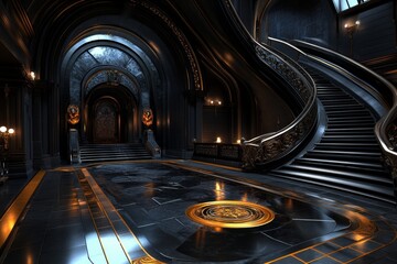 Obraz premium Dark, gothic-inspired industrial plant with intricate machine learning systems overseeing production lines, creating a blend of traditional mystery and modern technology, symbolizing history