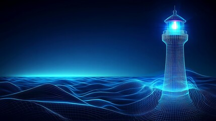A glowing blue and pink digital lighthouse stands on a wavy, wireframe ocean.