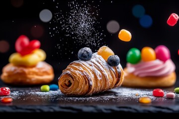 Detailed image of sugar being sprinkled over pastries, with close-up of sugar granules catching light, capturing the beauty of dessert preparation, symbolizing indulgence and precision