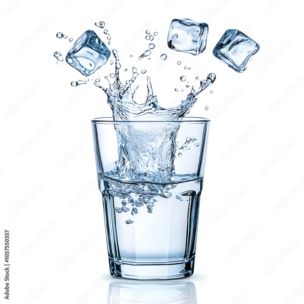 Aufkleber One glass of water with splash from falling ice cube white background isolated object