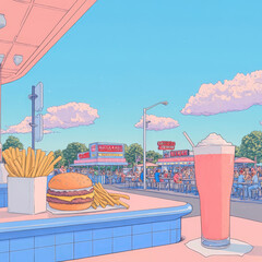 Whimsical Illustration of a Bustling Diner Scene
