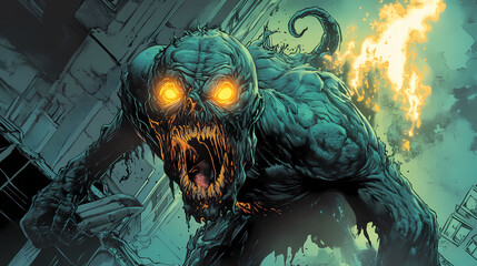 Grotesque hybrid creature from a comic book with glowing eyes. Mutant Creatures. Illustration