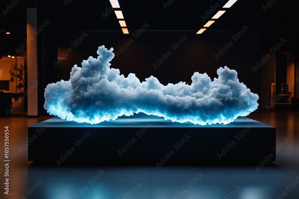 Poster digital holographic smoke in a futuristic lab, with soft, glowing trails capturing the ethereal and 