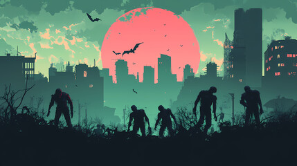 Fototapeta premium Halloween zombie apocalypse scene with zombies roaming in a deserted urban area. Mutant Creatures. Illustration