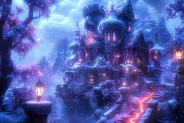 Naklejka premium Fantasy Castle on Snowy Clifftop with Glowing Lanterns