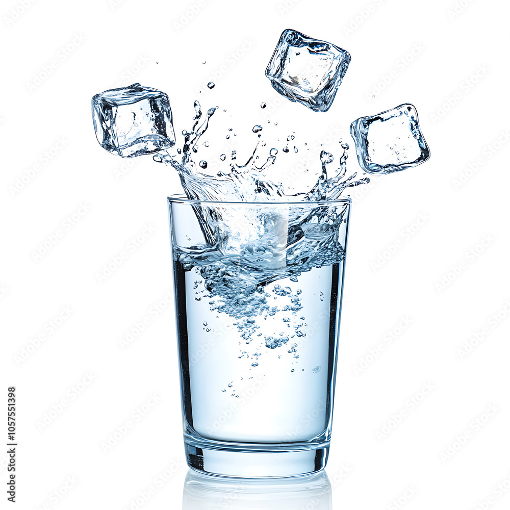Aufkleber One glass of water with splash from falling ice cube white background isolated object