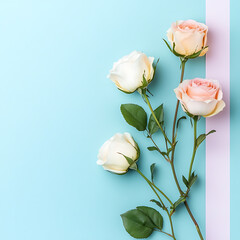 Abstract minimal background in pastel colors with colorful roses minimal flowers flat lay composition 