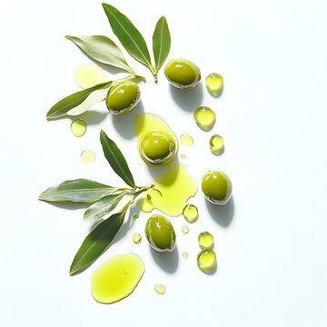 Aceite de oliva y aceitunas verdes aislados sobre fondo blanco