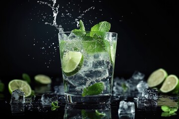 Fresh mojito drink with ice cubes on black background.