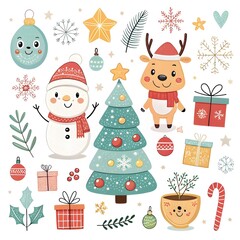 Christmas Ornaments with Santa Claus, Reindeer, and Snowman element collection 