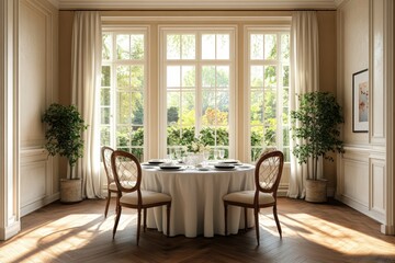 cozy kitchen ambiance, cozy kitchen featuring a round dining table set with elegant dinnerware and a gentle ambiance, complemented by wooden floors and a window view