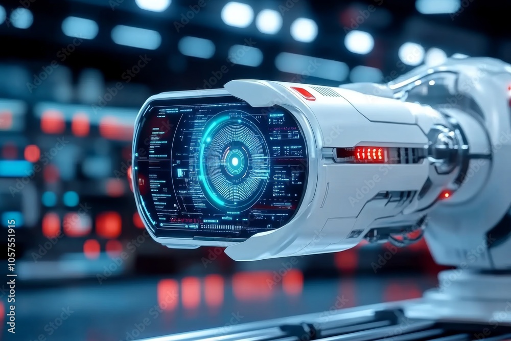 Poster Futuristic factory with AI-driven robotic arms and holographic data displays showing machine learning analytics, symbolizing innovation and efficiency in a high-tech setting, symbolizing progress