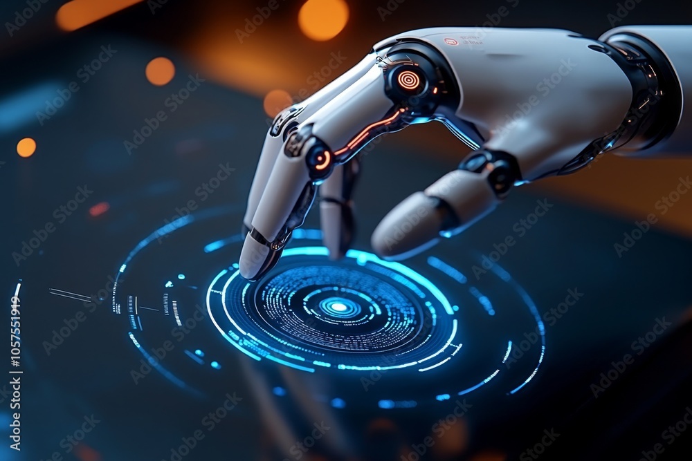 Fototapete Futuristic factory with AI-driven robotic arms and holographic data displays showing machine learning analytics, symbolizing innovation and efficiency in a high-tech setting, symbolizing progress
