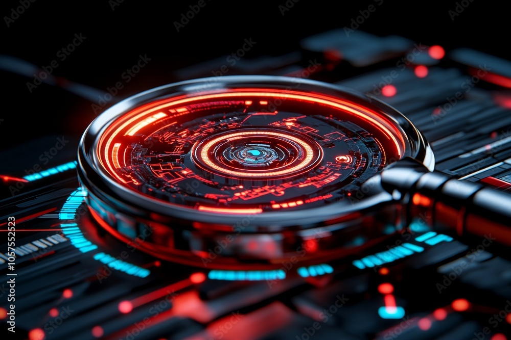 Poster holographic magnifying glass hovering over a digital map with data points, capturing the futuristic 