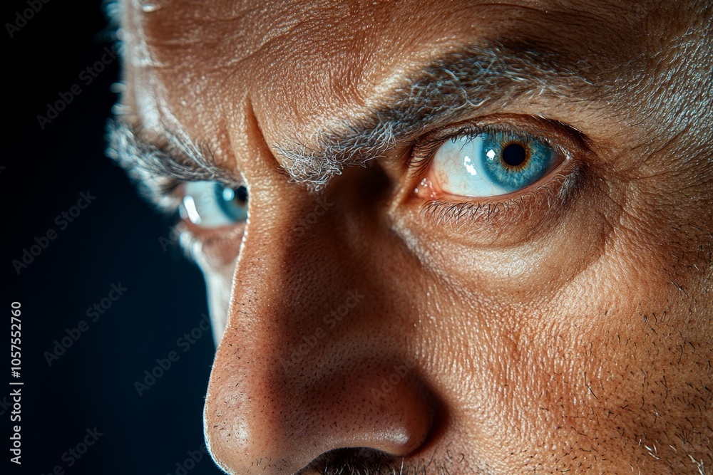 Poster Hyper-realistic close-up of a suspectâ€™s face with intense shadows and fine details capturing nervousness and unease, symbolizing authenticity and suspense