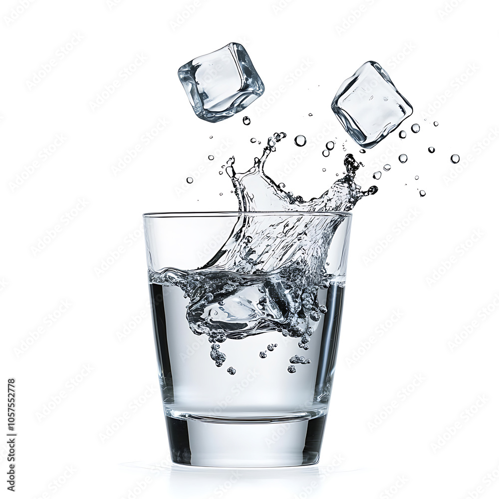 Aufkleber One glass of water with splash from falling ice cube white background isolated object