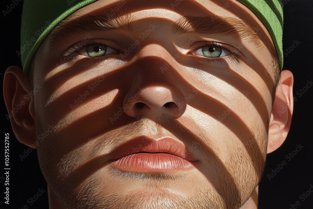Poster Hyper-realistic close-up of a suspectâ€™s face with intense shadows and fine details capturing nervousness and unease, symbolizing authenticity and suspense