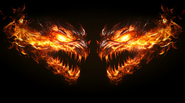 Hot flaming fiery fire flames on pure black background wallpaper. Fire Demon. Illustration