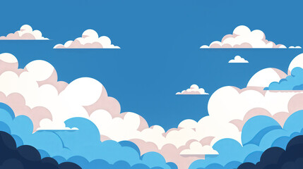 Vibrant Blue Sky with Fluffy Clouds, a detailed flat design illustration featuring a serene expanse of azure sky adorned with soft, billowy clouds, ideal for creative projects.