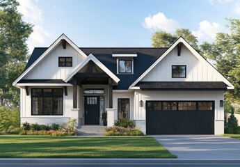 Obraz premium A white farmhouse with a black roof, traditional charm, and modern design elements, featuring large windows for natural light.