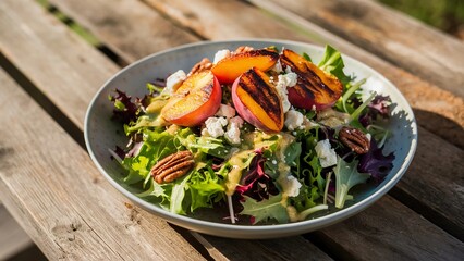 Summer Salad Mixed Greens Grilled Peaches Feta Cheese Candied Pecans Vinaigrette Refreshing Outdoor Natural Lighting
