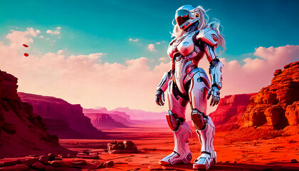 Astronaut in armored and robotic spacesuit standing on planet surface, Starship troopers, space exploration and galaxy study mission, space science. Robot astronaut