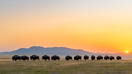 Bison herd migrating across grassy plain at sunset, creating serene scene