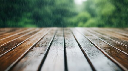 Fototapeta premium Rainfall on Weathered Deck, soothing drops cascading on aged wood, inviting tranquility, enhancing outdoor spaces with serene ambiance and rich textures.