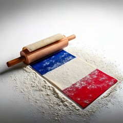 A rolling pin and French flag covered with dough dust