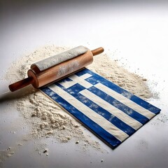 A rolling pin and Greece flag covered with dough dust