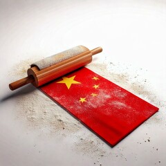 A rolling pin and Chinese flag covered with dough dust