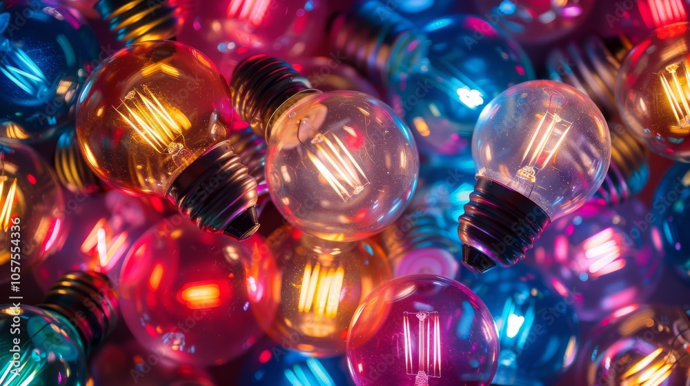 Poster A bright and cheerful pattern of various light bulbs, all glowing with different intensities and colors. Close-up photo with clean background