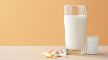 Milk and Calcium Supplements for Strong Bones, a fresh glass of milk beside calcium pills, emphasizing the importance of nutrition for maintaining healthy bones and preventing deficiencies