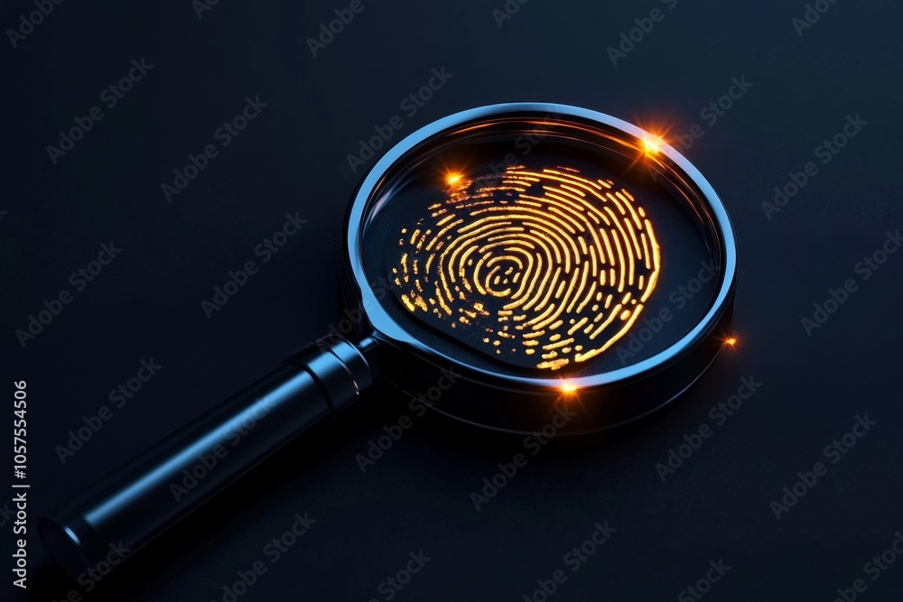 Poster Minimalist depiction of a fingerprint and magnifying glass, symbolizing forensic analysis in a clean, straightforward design, symbolizing investigation and insight