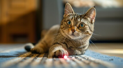 A cat with an inquisitive look stretches its paw toward a moving laser pointer dot on the floor, showcasing its playful demeanor. Close-up photo with clean background