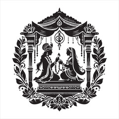 Hindu Wedding Ceremony Silhouette Vector, Black on White Background 