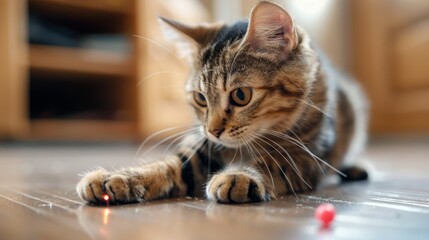 A cat with an inquisitive look stretches its paw toward a moving laser pointer dot on the floor, showcasing its playful demeanor. Close-up photo with clean background