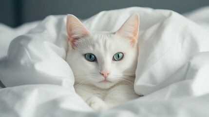 Elegant white cat with dualcolored eyes, nestled in smooth white sheets, ethereal light, calm and soft aesthetic, elegant cat, ethereal softness