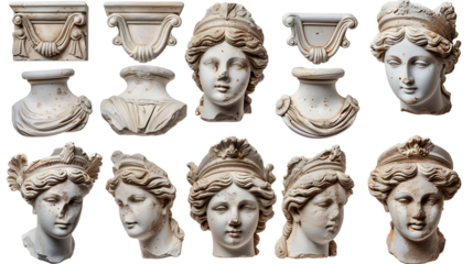 Set of Gypsum copy of ancient statue Venus head isolated on withe background, cut out