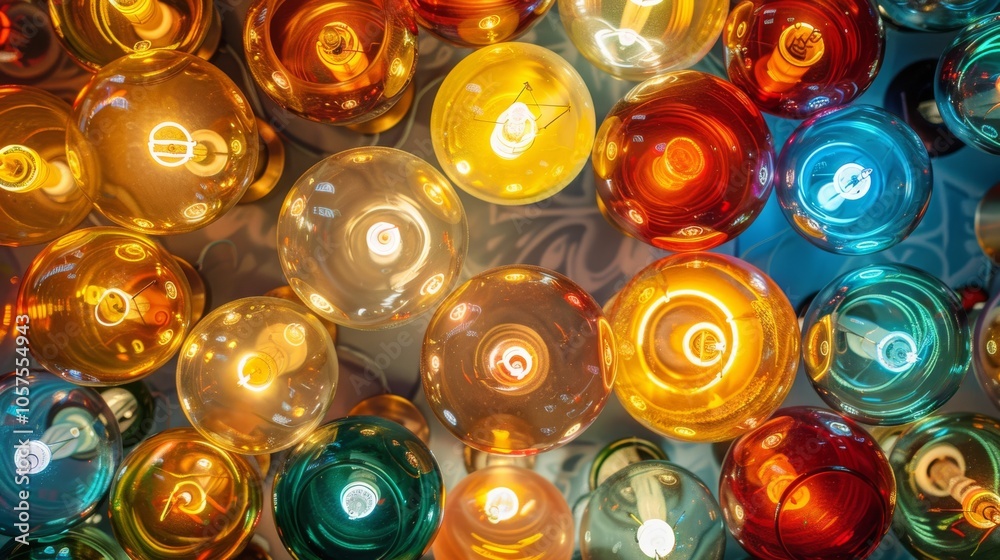 Fototapete A dazzling collection of bright light bulbs in an intricate pattern, showcasing different shapes and sizes of bulbs. Close-up photo with clean background