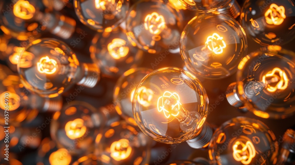Aufkleber A dazzling collection of bright light bulbs in an intricate pattern, showcasing different shapes and sizes of bulbs. Close-up photo with clean background
