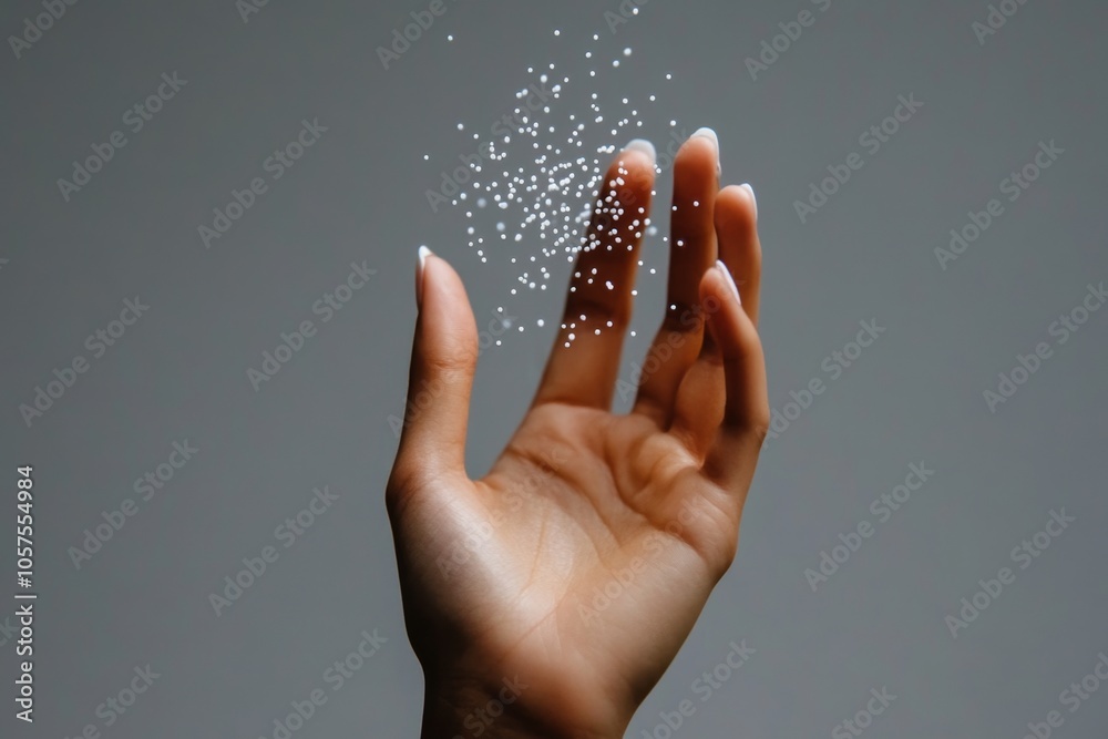 Poster Minimalist line art of a hand sprinkling small dots over a blank background, capturing the simplicity and gentle motion of sprinkling, symbolizing elegance and ease